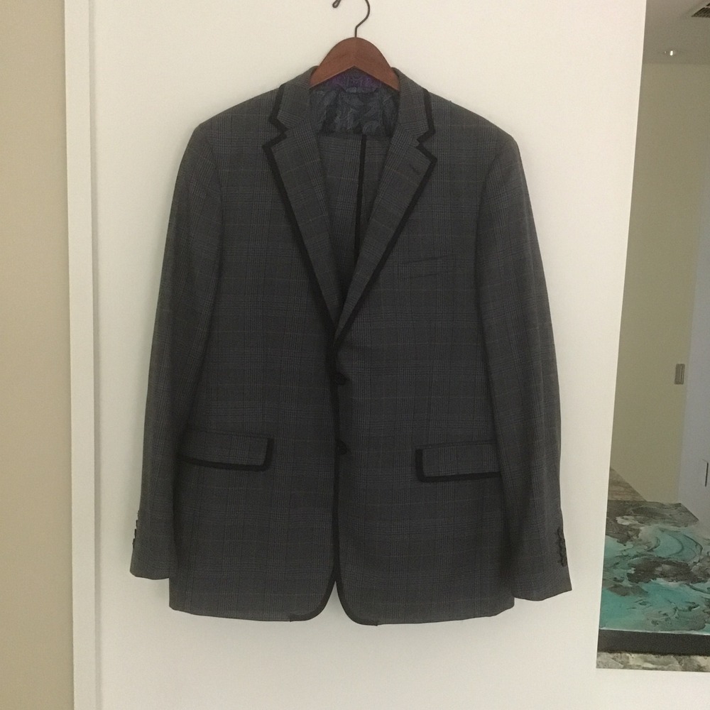 Etro Milano Grey Blue Glen Plaid Wool Suit Jacket 58 48 Pants 56 46 Grosgrain